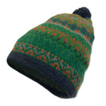 100% alpaca knit hat, 'Geometric Scapes in Green' - Handcrafted Geometric Patterned Green 100% Alpaca Knit Hat