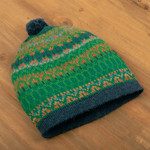 100% alpaca knit hat, 'Geometric Scapes in Green' - Handcrafted Geometric Patterned Green 100% Alpaca Knit Hat