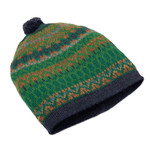 100% alpaca knit hat, 'Geometric Scapes in Green' - Handcrafted Geometric Patterned Green 100% Alpaca Knit Hat