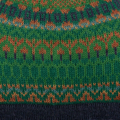 100% alpaca knit hat, 'Geometric Scapes in Green' - Handcrafted Geometric Patterned Green 100% Alpaca Knit Hat
