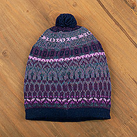 100% alpaca knit hat, 'Geometric Scapes in Purple'