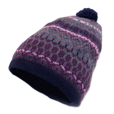 100% alpaca knit hat, 'Geometric Scapes in Purple' - Handcrafted Geometric Patterned Purple 100% Alpaca Knit Hat