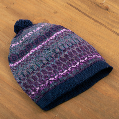 100% alpaca knit hat, 'Geometric Scapes in Purple' - Handcrafted Geometric Patterned Purple 100% Alpaca Knit Hat