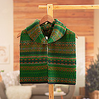 100% alpaca scarf, 'Geometric Scapes in Green' - Handcrafted Geometric Patterned Green 100% Alpaca Scarf