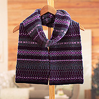 100% alpaca scarf, 'Elegant Purple Geometry' - Knit 100% Alpaca Striped Patterned Scarf in Purple and Blue