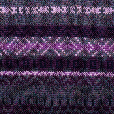 100% alpaca scarf, 'Elegant Purple Geometry' - Knit 100% Alpaca Striped Patterned Scarf in Purple and Blue