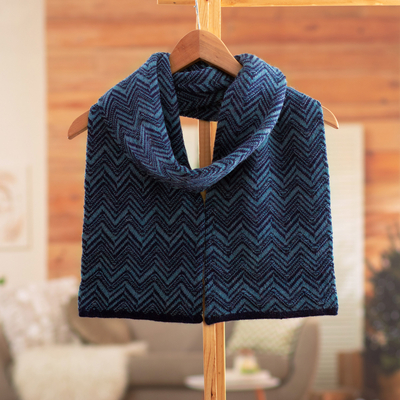 100% alpaca scarf, 'Mountain Range' - 100% Alpaca Knit Scarf with Inverted Chevron Pattern in Blue