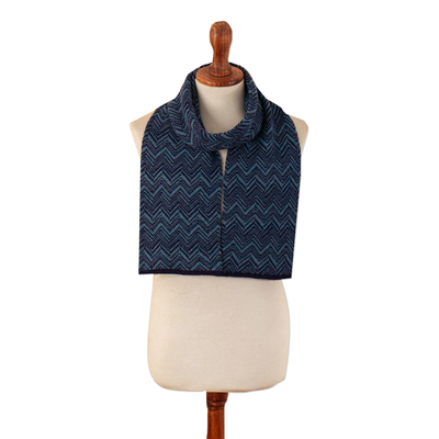 100% alpaca scarf, 'Mountain Range' - 100% Alpaca Knit Scarf with Inverted Chevron Pattern in Blue