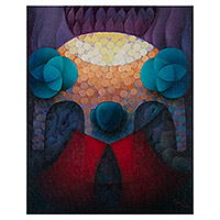 'Sipán I' - Signed Expressionist Blue and Purple Oil Painting from Peru