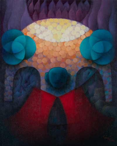 'Sipán I' - Signed Expressionist Blue and Purple Oil Painting from Peru