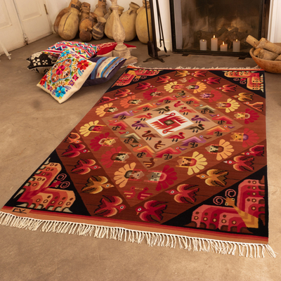Wool rug, 'Andean Fauna' (4x5) - Hand-Woven Wool Bird and Butterfly Themed Area Rug (4x5)