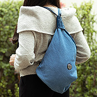 Leather-accented cotton shoulder bag, 'Style on the Go in Cyan' - Leather-Accented Cyan Cotton Shoulder Bag and Backpack