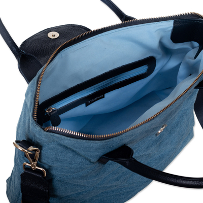 Leather accented cotton shoulder bag, 'Cocos Jean' - Leather Accented Quilted Cotton Shoulder Bag with Handle