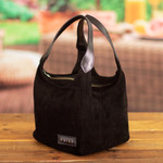 Leather-accented suede handbag, 'Miss Onyx' - Modern Leather-Accented Cube Suede Handbag in Black