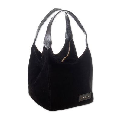 Leather-accented suede handbag, 'Miss Onyx' - Modern Leather-Accented Cube Suede Handbag in Black