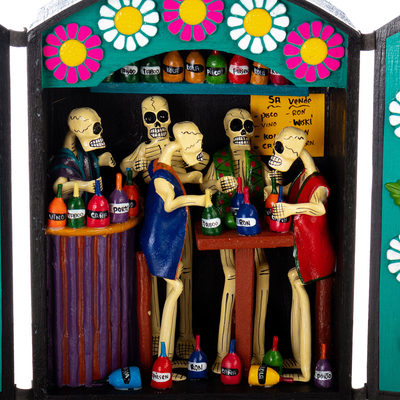 Ceramic retablo, 'Afterlife Canteen' - Hand-Painted Ceramic Day of the Dead Style Retablo from Peru