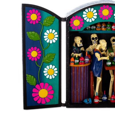 Ceramic retablo, 'Afterlife Canteen' - Hand-Painted Ceramic Day of the Dead Style Retablo from Peru
