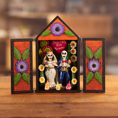 Ceramic retablo, 'Love for All Eternity' - Day of the Dead Themed Afterlife Wedding Ceramic Retablo