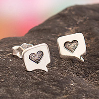 Sterling silver stud earrings, 'Heart Message' - Whimsical Heart-Themed Sterling Silver Stud Earrings