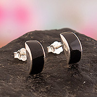 Onyx stud earrings, 'Avant-Garde Mysticism' - Minimalist Sterling Silver Stud Earrings with Onyx Jewels