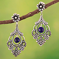 Lapis lazuli dangle earrings, 'Magical Flora in Blue' - Lapis Lazuli Oxidized 950 Silver Floral Dangle Earrings