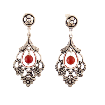 Agate dangle earrings, 'Magical Flora' - Agate 950 Silver Dangle Earrings with Oxidized Accents