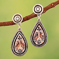 Mate gourd dangle earrings, 'Andean Birds' - Mate Gourd Oxidized 950 Silver Bird Themed Dangle Earrings