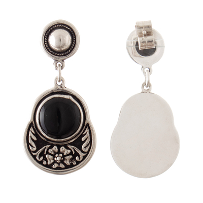 Onyx dangle earrings, 'Nocturnal Luxury' - Onyx 950 Silver Dangle Earrings with Floral and Leaf Motif