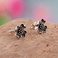 Sterling silver button earrings, 'Vintage Allure' - Sterling Silver Floral Button Earrings with Oxidized Finish