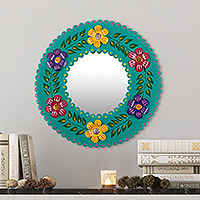 Recycled metal wall mirror, 'Colors of the Andes' - Hand-Painted Floral & Leaf-Themed Recycled Metal Wall Mirror