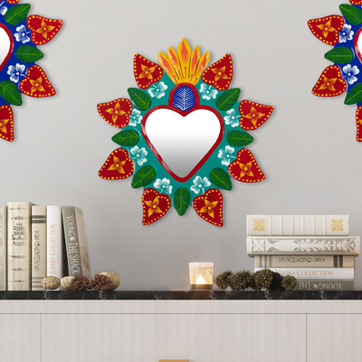 Recycled metal wall mirror, 'Heart of the Andes' - Hand-Painted Floral Heart-Themed Recycled Metal Wall Mirror