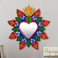 Recycled metal wall mirror, 'Soul of the Andes' - Hand-Painted Recycled Metal Wall Mirror Floral Heart Motifs