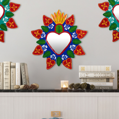 Recycled metal wall mirror, 'Soul of the Andes' - Hand-Painted Recycled Metal Wall Mirror Floral Heart Motifs