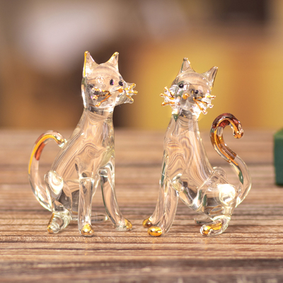 Figuras de cristal dorado, (par) - Pareja de Figuras de Gato de Vidrio Soplado Transparente Dorado de Perú