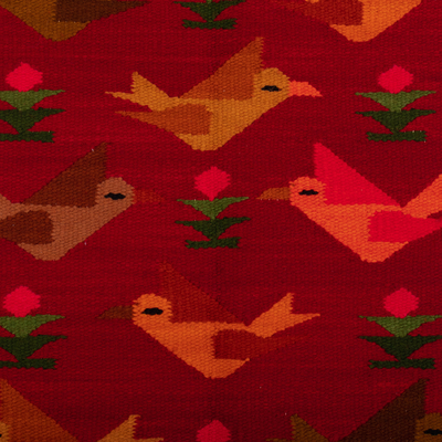Wool area rug, 'Crimson Birds on the Wing' (2x3) - Handloomed Red Bird and Flower-Themed Wool Area Rug (2x3)