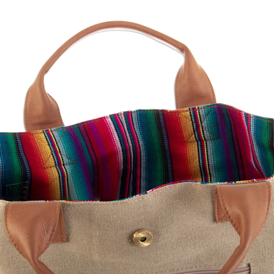 Leather-accented cotton reversible tote bag, 'Inca Flair' - Striped Cotton Reversible Tote Bag with Leather Handles