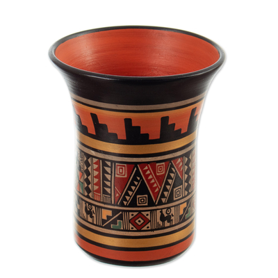 Ceramic decorative vase, 'Ayar Auca' - Kero-Shaped Geometric Ceramic Decorative Vase in Warm Hues