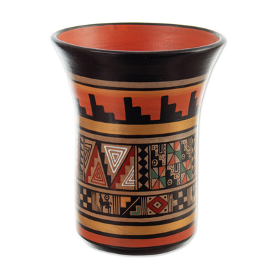 Ceramic decorative vase, 'Ayar Auca' - Kero-Shaped Geometric Ceramic Decorative Vase in Warm Hues