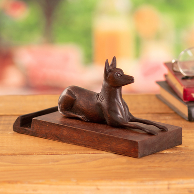 Wood phone holder, 'Legendary Companion' - Hand-Carved Polished Cedar Wood Peruvian Dog Phone Holder