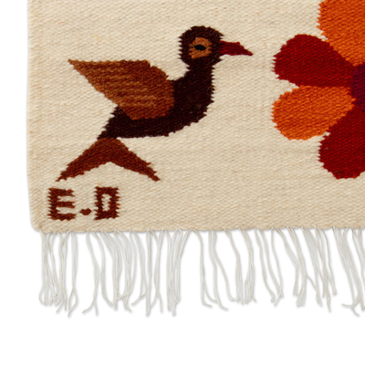 Tapiz de lana - Tapiz de lana color marfil tejido a mano con temática floral y de pájaros