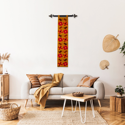 Wool tapestry, 'Hummingbird Bloom' - Floral and Bird-Themed Handloomed Honey Wool Tapestry