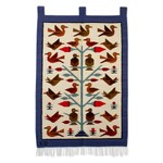 Wool tapestry, 'Bird Fauna' - Bird-Themed Handloomed Blue Andean Wool Tapestry from Peru