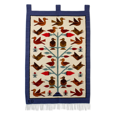 Tapiz de lana - Tapiz de lana andina azul tejido a mano con temática de pájaros de Perú