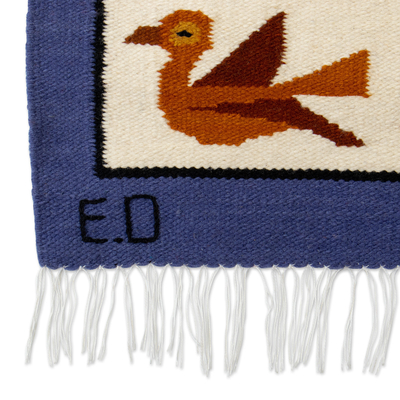 Tapiz de lana - Tapiz de lana andina azul tejido a mano con temática de pájaros de Perú