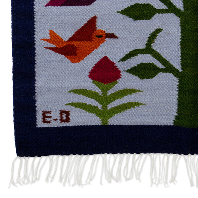 Tapiz de lana - Tapiz de lana azul tejido a mano con temática de pájaros hecho en Perú