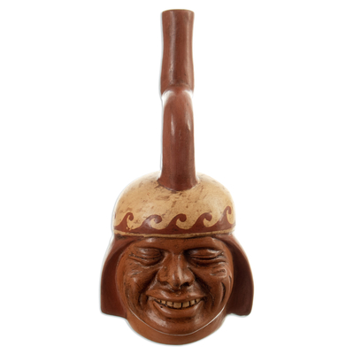 Vasija de ceramica decorativa - Vasija de ceramica decorativa con cabeza de mochica estilo peruano.