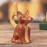 Vasija decorativa de cerámica, 'Perro Mochica' - Vasija decorativa de cerámica para perros estilo Mochica peruano