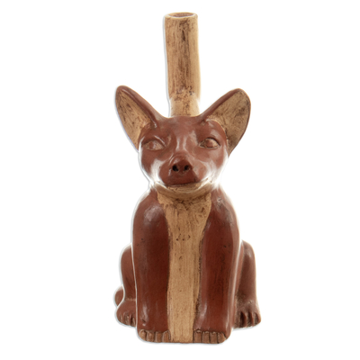 Vasija de ceramica decorativa - Vasija decorativa de ceramica con forma de perro estilo mochica peruana.