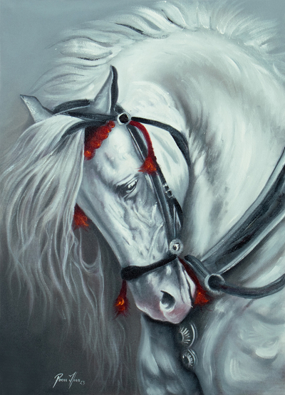 'King's Horse' - Pintura al óleo impresionista sin estirar firmada de caballo blanco