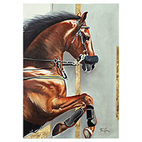 'Indomitable Force' - Signed Unstretched Impressionist Oil Painting of Brown Horse